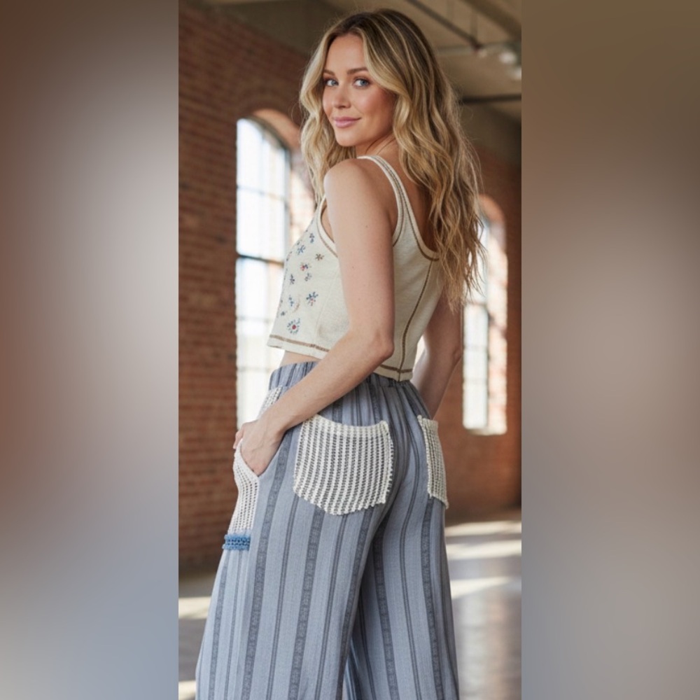 NWT POL Clothing Boho Bohemian Striped Crochet Mesh Patchwork Wide Leg Pants - Picture 7 of 11